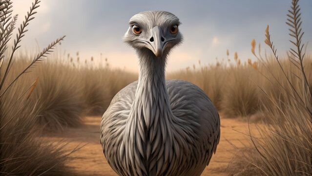 A close up of a rhea bird standing in a field with tall grass and a clear sky in the background