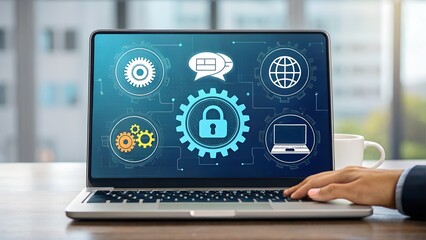 Laptop displaying cybersecurity icons with a hand typing on the keyboard and a coffee cup nearby