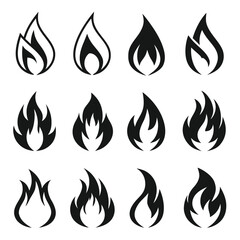 Collection of twelve black stylized flame icons on white background fire symbol 1