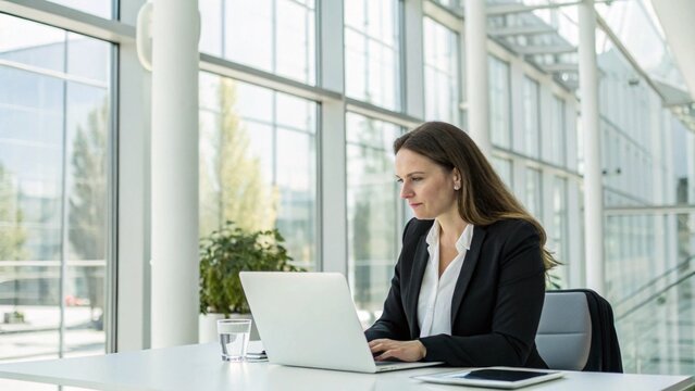 Focused Female Executive Working on Laptop in Modern Office
Professional Businesswoman Concentrating in a Bright Corporate Setting
Dedicated Woman Using Computer in a Contemporary Office Space