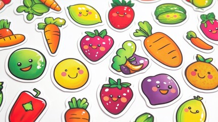create a set of adorable garden-themed stickers featuring cute cartoon vegetables and fruits, with smiling faces and vibrant colors. white background 