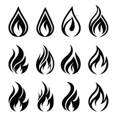 Collection of twelve black stylized flame icons on white background fire symbol