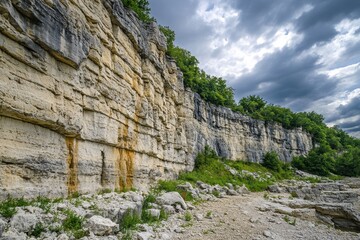 Fototapeta premium Steep cliff face with layered rock formations.