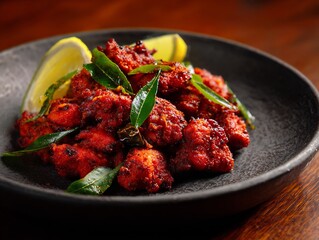 Plate of spicy chicken 65 garnished curry leaves and lemon South Indian starter crispy texture vibrant red color