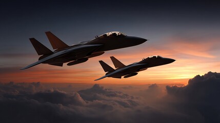 Dramatic sunset flight: Two fighter jets soaring through the twilight sky above clouds