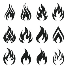 Collection of twelve stylized black flame icons on a white background fire symbol