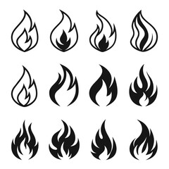 Collection of twelve stylized black flame icons on a white background fire symbol 2