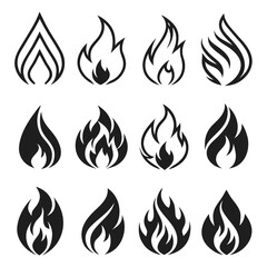 Collection of twelve stylized black flame icons on white background fire symbol 1