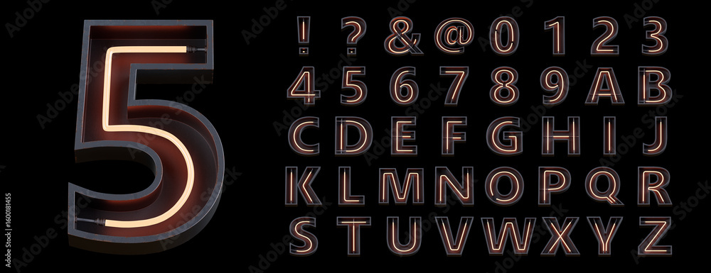 Poster bright neon font with fluorescent tubes.metallic futuristic cyberpunk alphabet. 3d rendering isolate