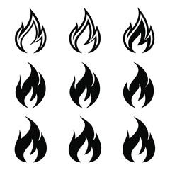 Nine Black Stylized Flame Icons on White Background fire symbol