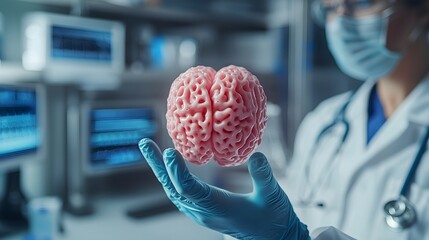 Medical researcher examining a 3D printed brain model