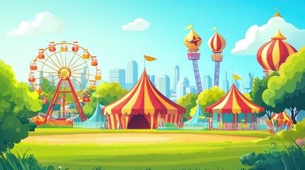 Obraz premium Colorful amusement park scene with carnival rides and tents.