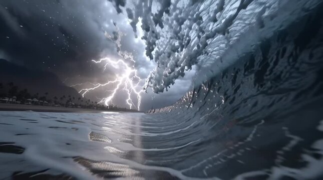 first-person POV of standing on a beach as a huge typhoon wave and tornado approach, storm surge crashing, lightning flashing, deafening wind, cinematic realism