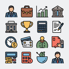 Colorful Business and Finance Icon Set Featuring Bank Buildings Calculators Credit Cards Trophy Clock and Businessman Icons