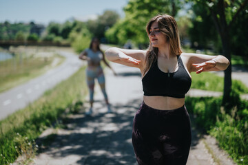 Outdoor fitness session with women in activewear stretching and exercising in a lush park setting...