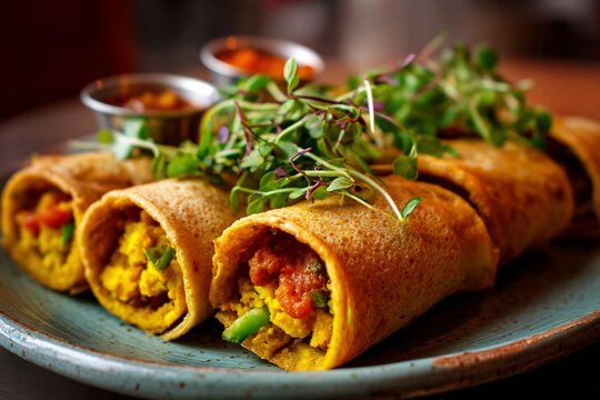 Plate of spicy Indian frankie roll filled veggies chutney and masala Mumbai street food appetizing presentation