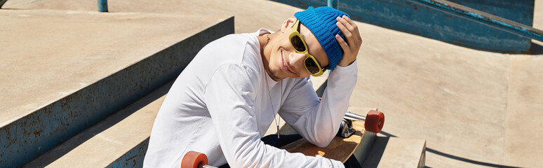Young man relaxes on skateboard in sunny park, enjoying an afternoon of leisure and joy