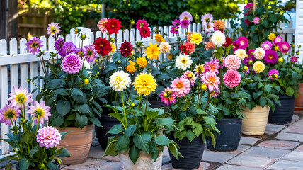 Obraz premium Vibrant garden with large colorful dahlias in black and beige ceramic pots on gray tiled patio
