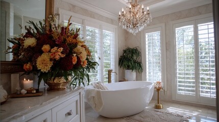 Luxurious bathroom interior with a grand floral arrangement.