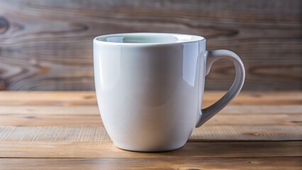 A clean white ceramic mug sits on a rustic wooden table with a