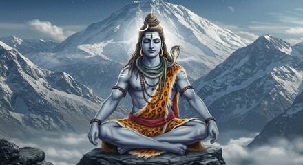 Hindu deity Shiva meditating atop a snow-capped mountain range, serene and powerful.