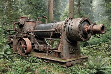 Rusty industrial machine in a lush forest
