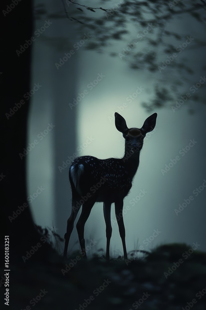 Poster a deer is standing in the woods at night. the image has a dark and mysterious mood, with the deer be
