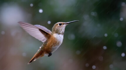 Fototapeta premium Close-up of a hummingbird in mid-flight. the bird is facing towards the right side of the image, with its wings spread wide and its beak open as if it is about to take flight.