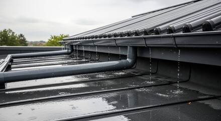 Rainwater cascading from a roof's gutter system, creating a wet, reflective surface.