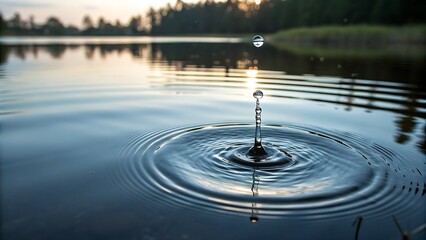 
1. A single water droplet falls into a calm pond, sending out gentle concentric ripples on the still surface.