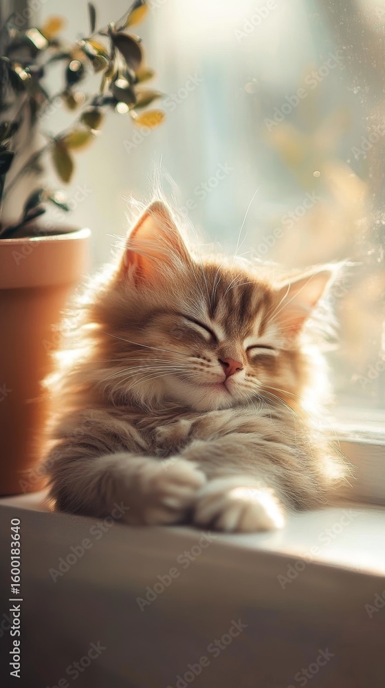 Poster cat is sleeping in a window sill. the cat is curled up and has its eyes closed. the window sill is n
