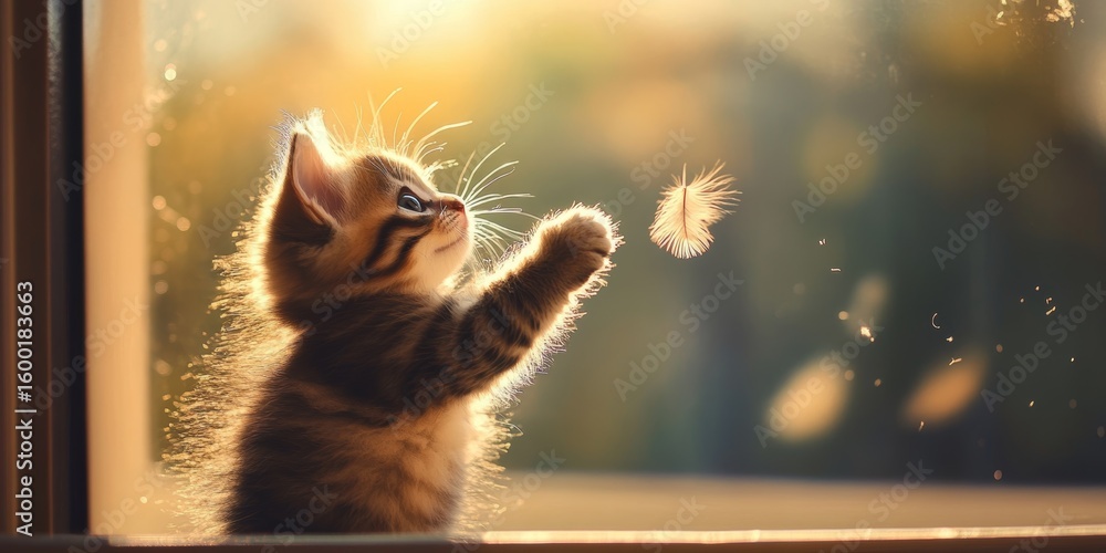 Poster kitten is playing with a feather outside of a window. the kitten is holding the feather in its paw a