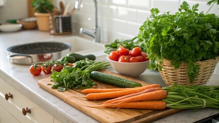 Organic Kitchen Prep Scene with Whole Vegetables and Fresh Herbs
Healthy Home Cooking: Fresh Produce on a Rustic Wooden Countertop
Abundant Raw Ingredients: Tomatoes, Peppers, Greens, and Garlic