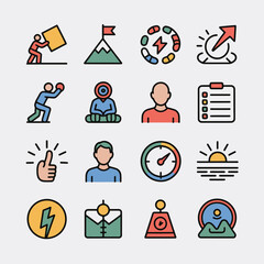 Colorful Flat Design Icons Set Representing Achievement Goals Progress Success Strategy Planning Teamwork and More
