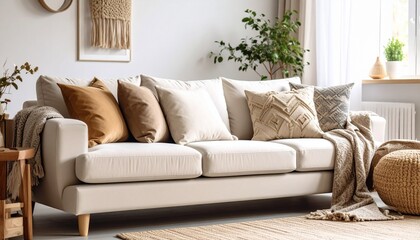 _Modern sofa with neutral-toned decorative pillows in a cozy living room corner.