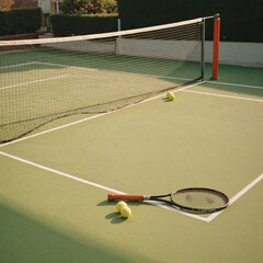 Green Tennis Court with Racket and Balls, Corner View