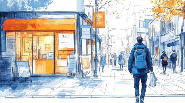 Urban scene drawings with storefronts, people, and daily life elements illustrated in dynamic lines capturing city motion, public spaces, and architecture.