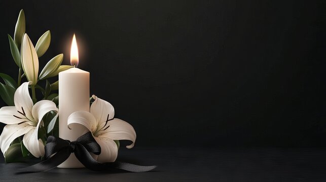 Black funeral background with candle and white lilies, minimal condolence design