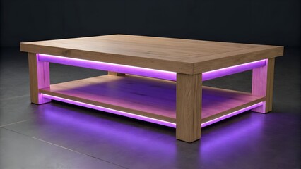A modern wooden coffee table with purple led lighting underneath on a dark gray tiled floor surface