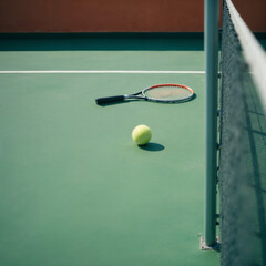 Tennis Racket and Ball on a Green Court Near the Net Post