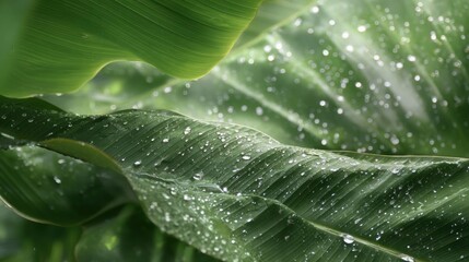 Obraz premium Close-up of a group of green leaves with water droplets on them. the leaves are large and have a glossy texture.