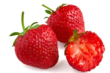 three red appetizing strawberries isolated on a white background