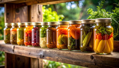 Preserved Vegetables Jars with Wooden Shelf.