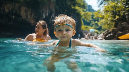Small toddler boy with armbands and mother swimming in water on summer holiday