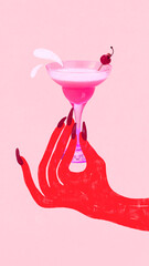Collage of long red nails holding pink cocktail with cherry splash on pink background. Concept of...