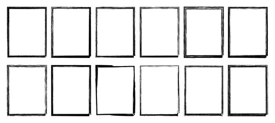 Distressed grunge rectangle and square frames with rough ink stamp borders, hand drawn empty box set for poster template or graphic design layout