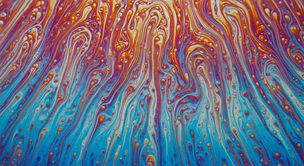 Close up of iridescent soap film with swirling patterns of blue orange and purple hues