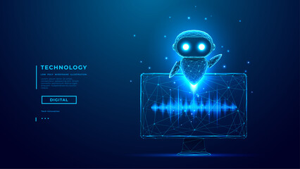 Futuristic AI assistant communication via desktop PC. Digital human interacts with glowing chatbot and voice wave . Concept of smart assistant, AI, virtual interface. Blue vector tech illustration.