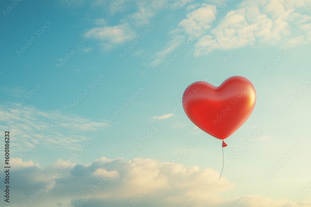Poster red heart balloon is floating in the sky above a blue sky. the balloon is tied to a string, and it i