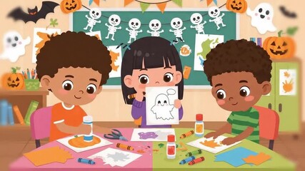 Animated mixed-race kids make Halloween cards in a classroom with cheerful festive decorations